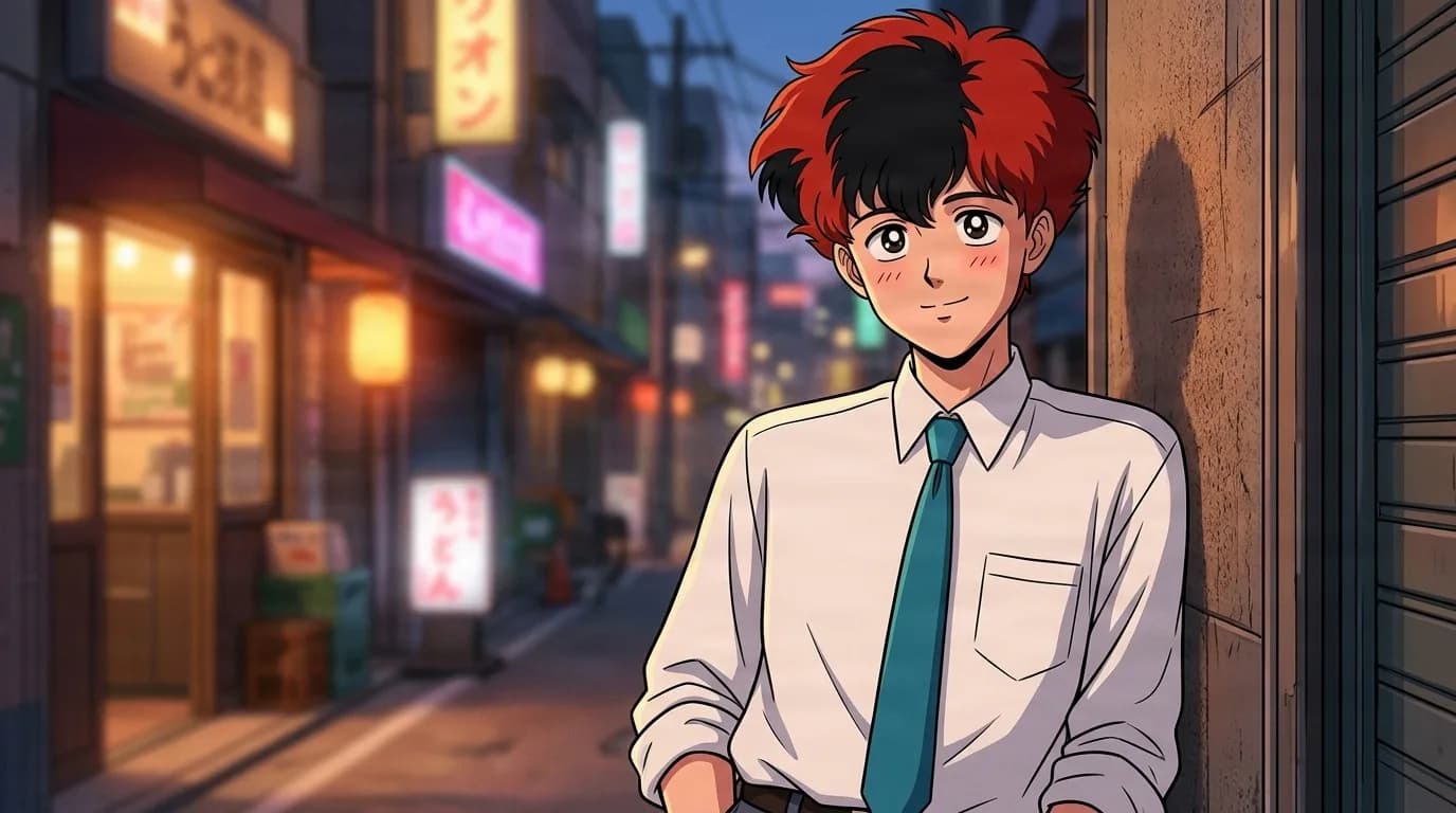 Kijin Shinokawa leaning against a wall on an evening street, red and black two tone hair, a white dress shirt and a teal tie