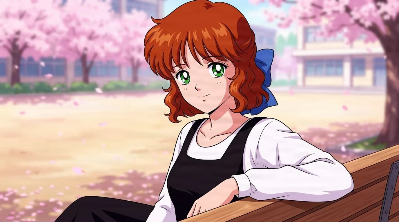 Kiriko sitting on a bench under cherry blossoms, curly auburn hair with a blue bow, green eyes and a white blouse under a black pinafore