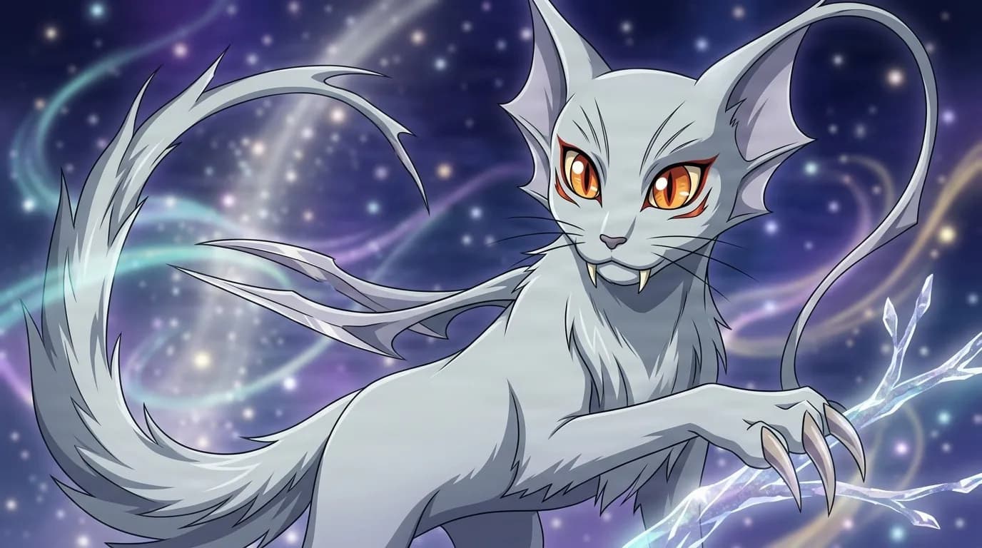 Kishar reaching a clawed paw toward a crystal branch against a starry sky, a white catlike creature with orange eyes, fangs and a plumed tail