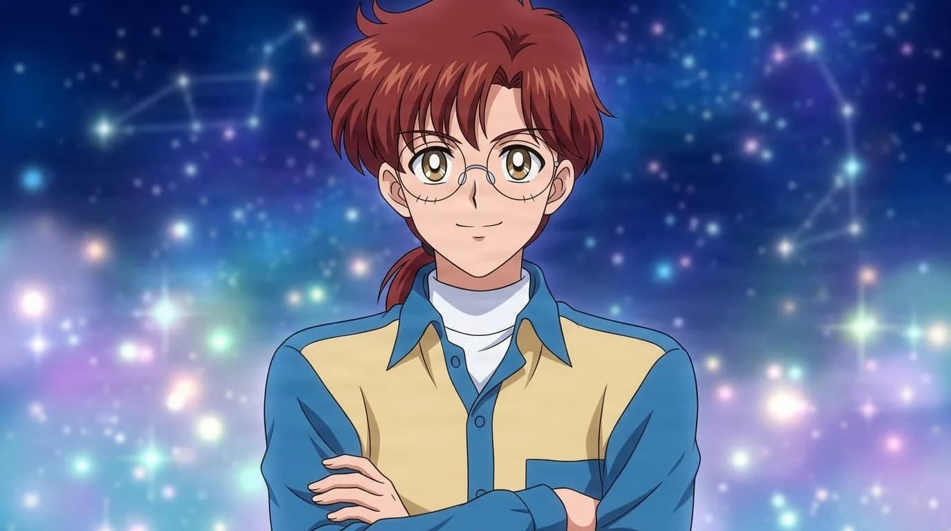 Kitakata standing with arms crossed against a starry constellation sky, red brown hair in a small ponytail, round glasses and a blue and tan shirt