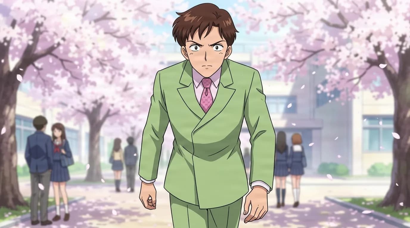 Kobayashi striding under cherry blossoms in a schoolyard, brown hair, a scowl, a light green suit and a pink patterned tie