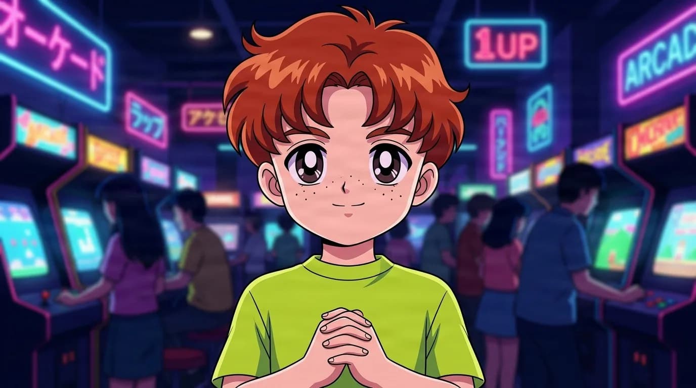 Kotarou standing in a busy neon arcade with hands clasped, a young boy with reddish orange hair, freckles and a lime green tee