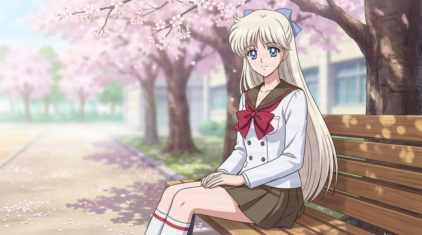 Kotono Sarashina, a long-haired blonde girl in a sailor school uniform, sitting on a bench beneath blooming cherry trees
