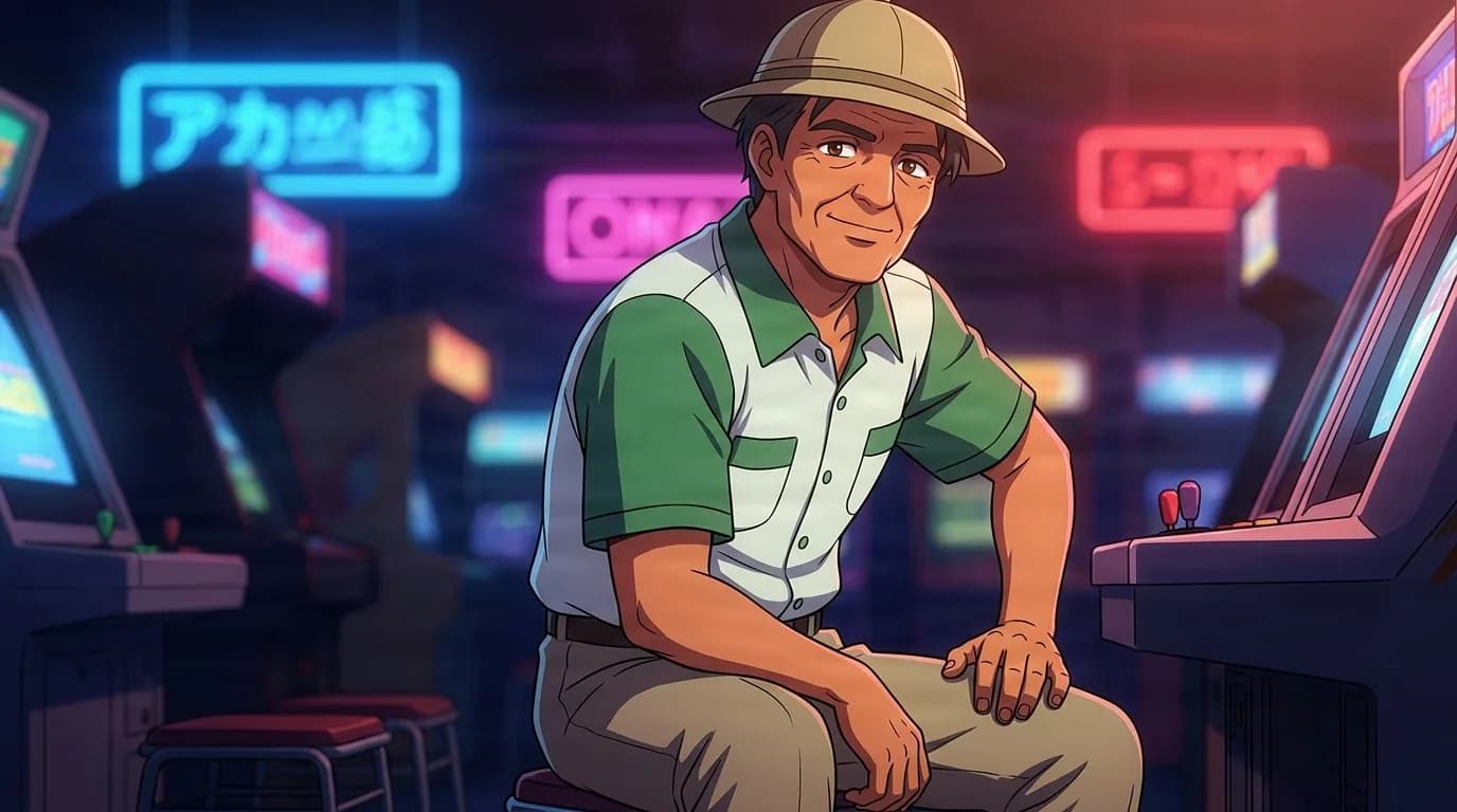 Kunitachi sitting on a stool beside an arcade cabinet under neon signs, a tan safari hat, green and white shirt and khaki trousers