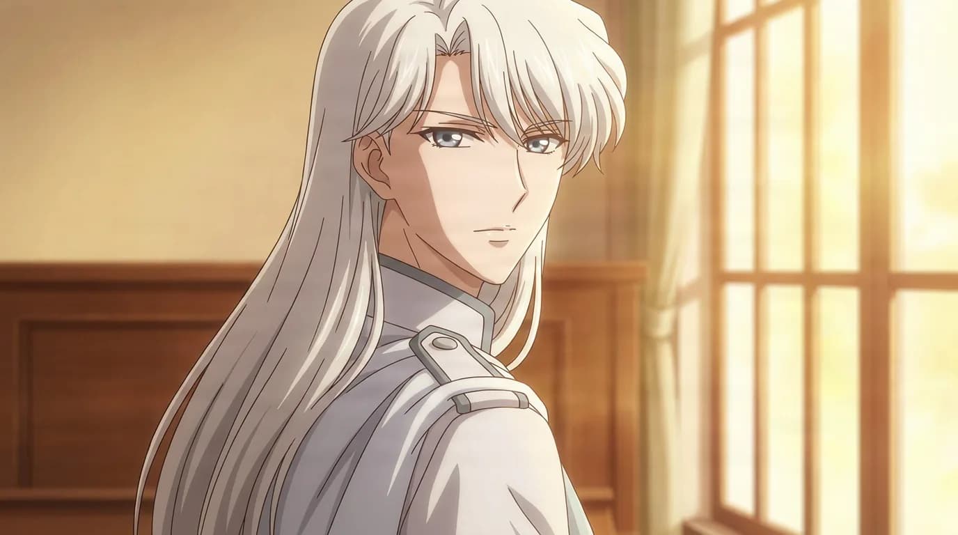 Kunzite, a long silver-haired man in a white military uniform, glances over his shoulder in a sunlit wood-paneled room.