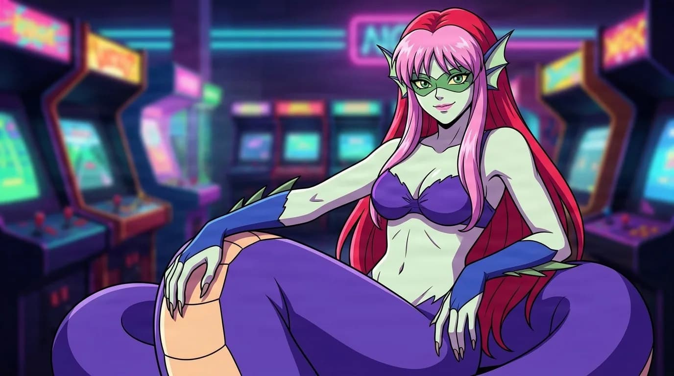 Akumuuda, a green-skinned youma with pink and red hair and a green eye mask, reclining with a long serpentine purple tail in a neon-lit arcade.