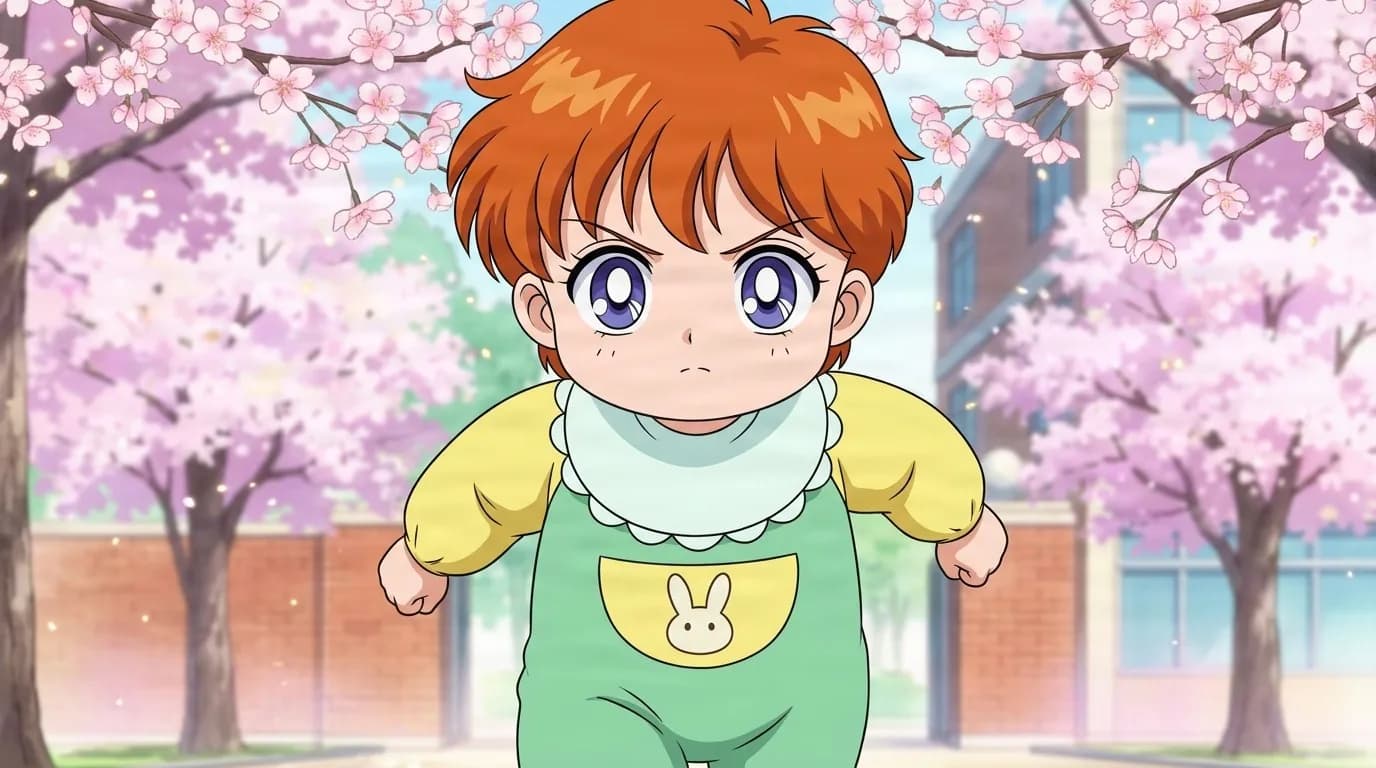 Manami toddling under cherry blossoms in a schoolyard, a small child with orange hair, green overalls with a bunny pocket and a white bib collar