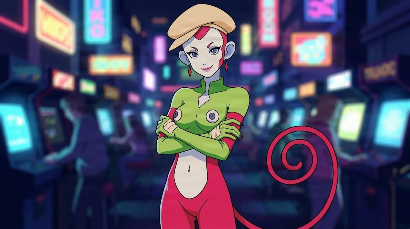 ManeMane Girl, a pink and grey alien woman with a curled red tail and tan beret, arms crossed in a neon-lit arcade district