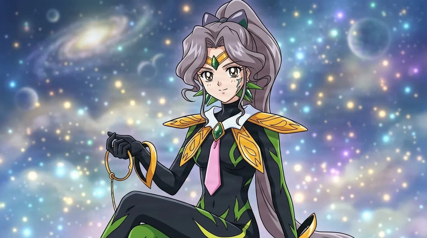 Marduk seated against a galaxy backdrop holding a gold hoop, a long ponytail, a gold tiara with a green gem and a black bodysuit with leaf shoulder plates