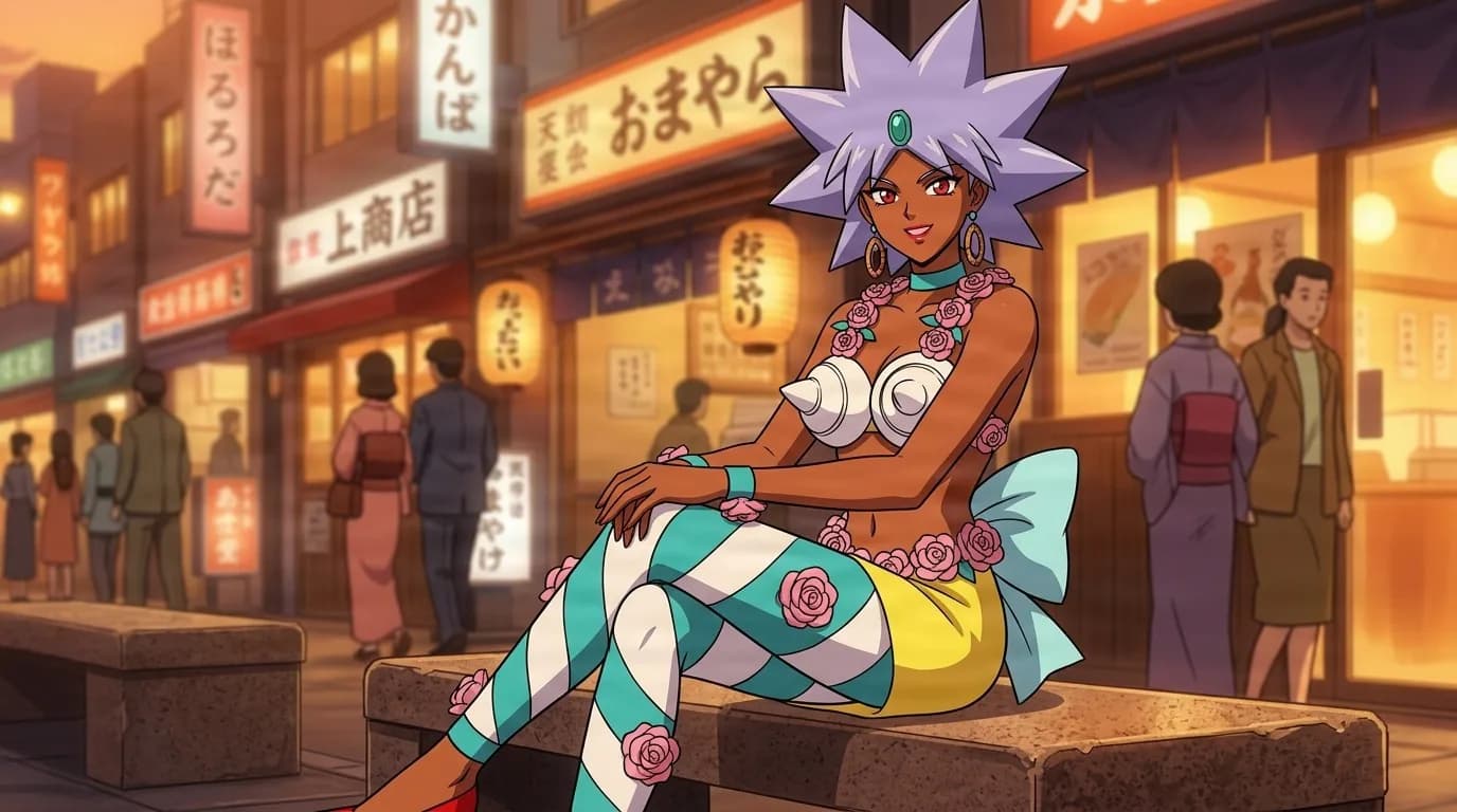 Maxipan, a dark-skinned youma with spiky lavender hair and a green gem, wearing a seashell bikini top and rose-trimmed striped leggings, sitting on a bench along a lantern-lit Japanese street.