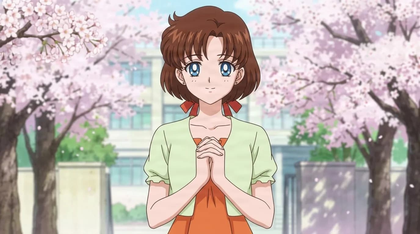 Maya Tohno standing with hands clasped under cherry blossoms, short brown hair with red ribbons and a pale green cardigan over an orange dress