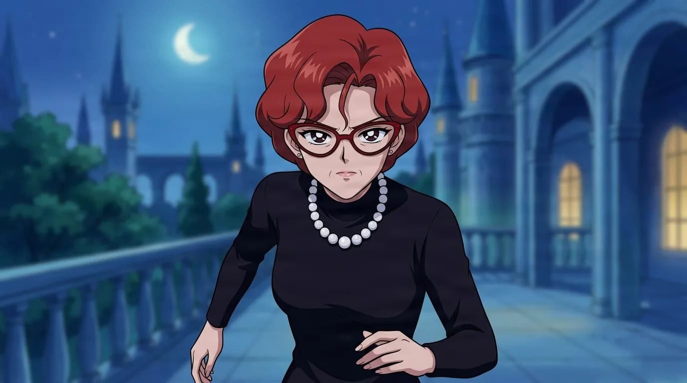 Mayako walking a moonlit castle terrace, short red hair, red cat eye glasses, a pearl necklace and a black turtleneck