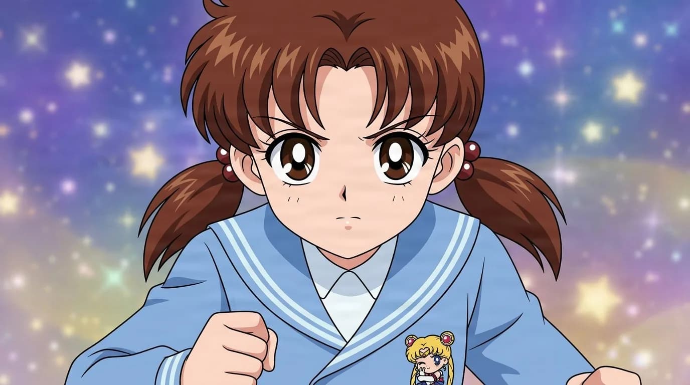 Mie Sayama, a girl with brown pigtails in a blue school uniform, raising her fists against a sparkling starry background.