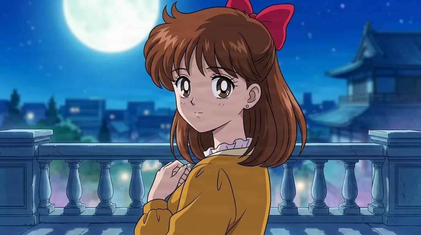 Miharu glancing over her shoulder on a moonlit stone balcony, shoulder length brown hair with a red bow and a mustard blouse with a frilled collar