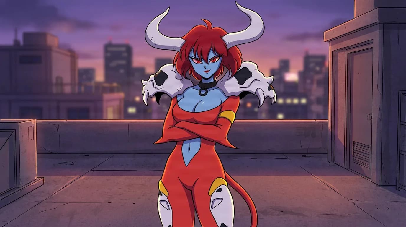 Minotauron, a blue-skinned woman with red hair, white bull horns and skull shoulder pads, stands arms crossed on a rooftop at dusk.