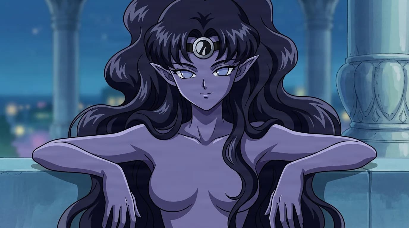 Mirror Paredri leaning on a stone balcony rail at night, violet skin, pointed ears, long dark waves and a jeweled headband