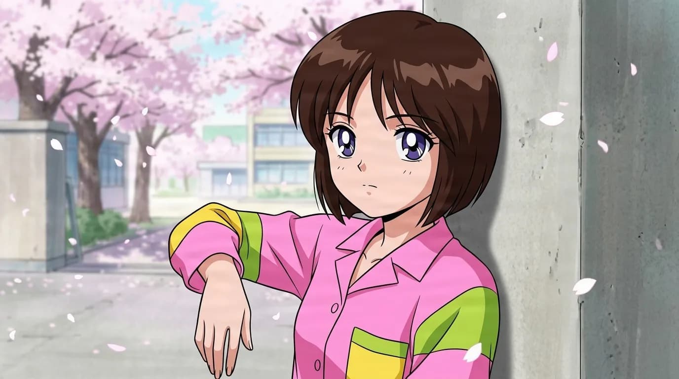 Misa leaning against a concrete wall amid falling cherry blossoms, a short brown bob, violet eyes and a pink shirt with green and yellow panels