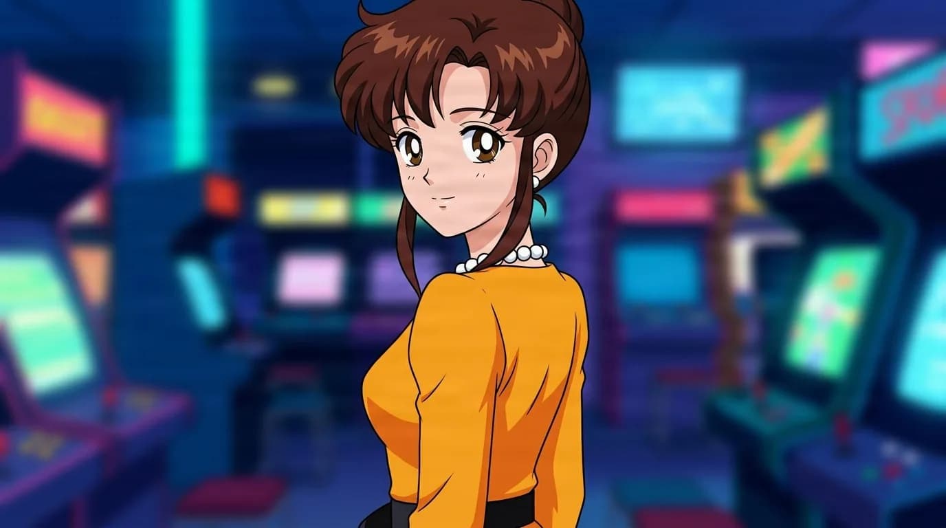 Misa's Mother glancing back in a neon arcade, brown hair in a short updo, a pearl necklace and an orange long sleeve top
