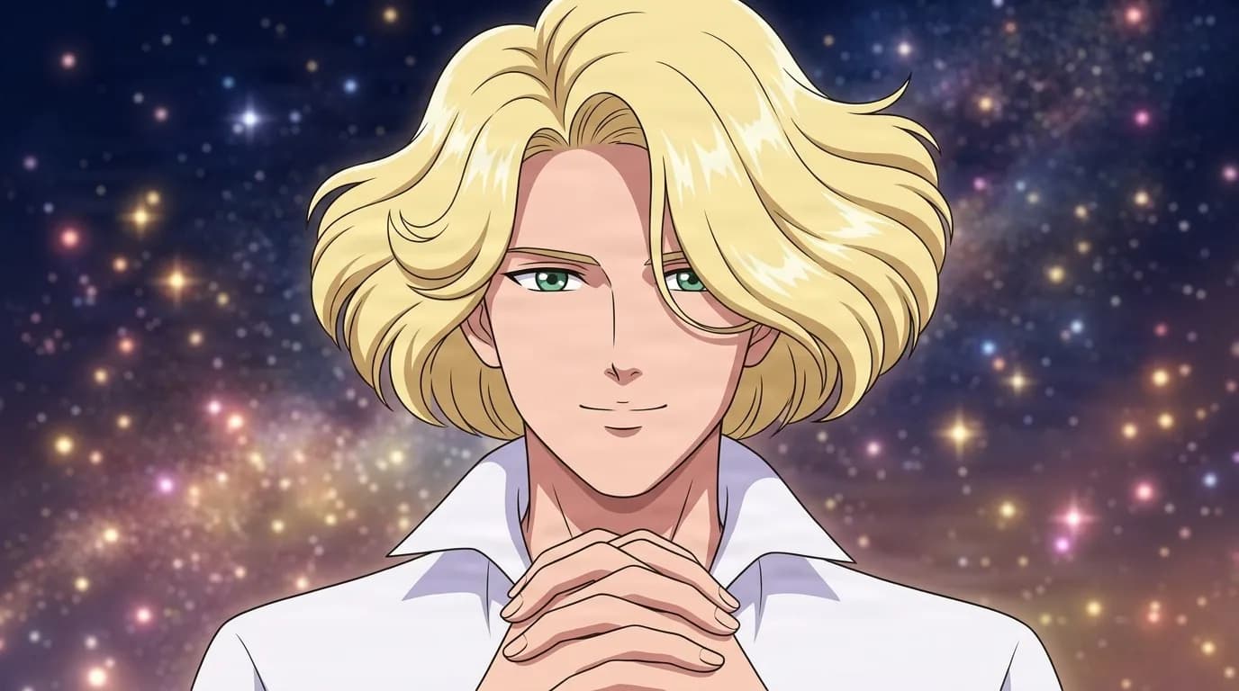 Misha standing against a starfield with hands clasped, wavy blond hair, green eyes and an open white collared shirt