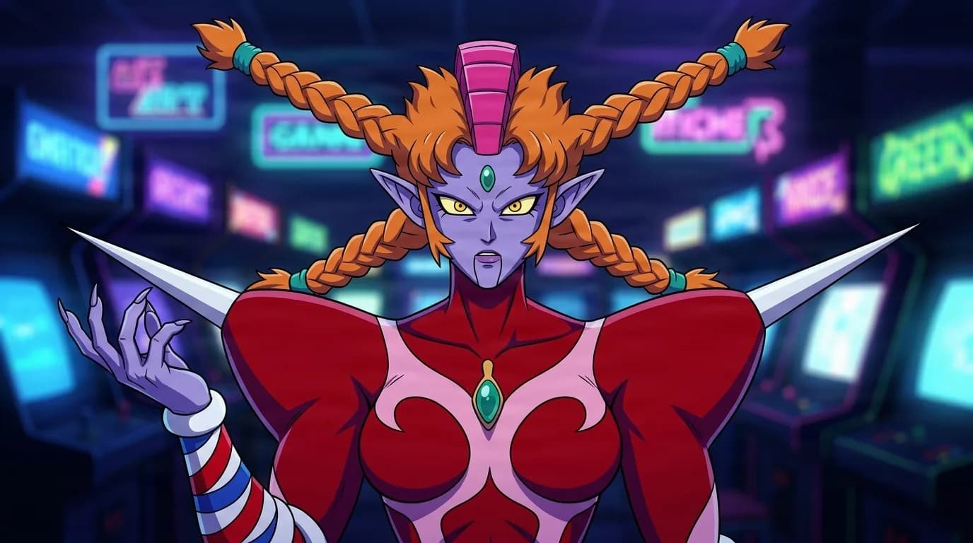 Mitsuami, a purple-skinned youma with orange braided pigtails and sharp white shoulder spikes, wearing a red and pink armored bodysuit in a neon arcade.