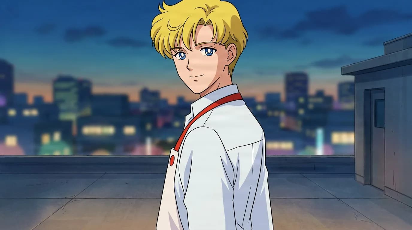 Motoki Furuhata with blonde hair in a white shirt with a red apron strap, on a rooftop at dusk.