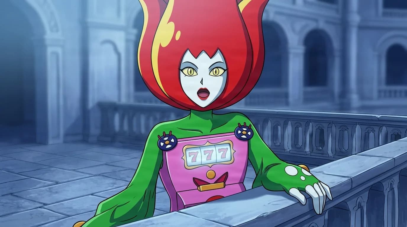 Ms. JyaraJyara leaning on a stone balustrade, a green youma with a red flame shaped head, yellow slit eyes and a pink slot machine reading 777 on her torso