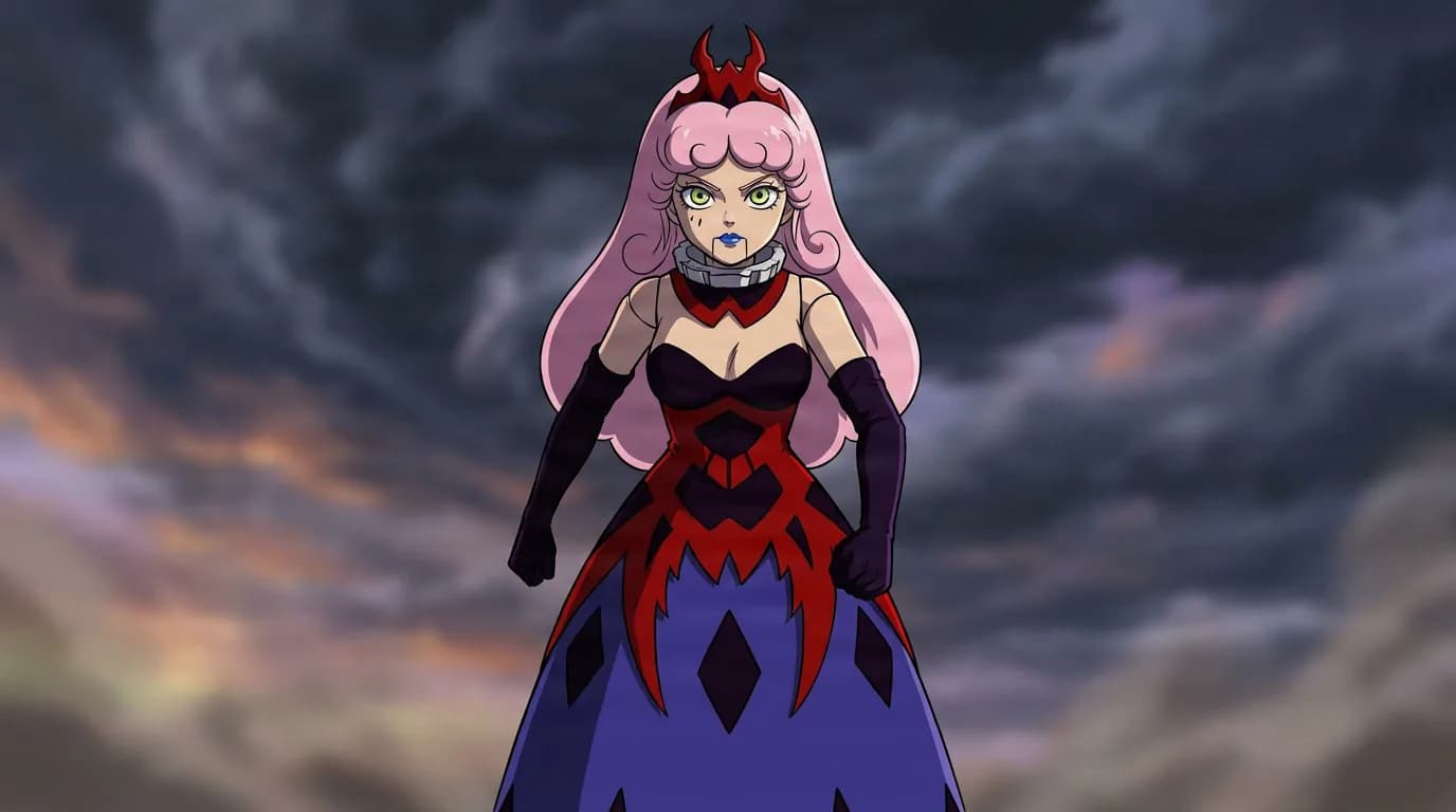 Murido with pink hair and a red horned headpiece, in a dark gown and long gloves against a stormy sky.