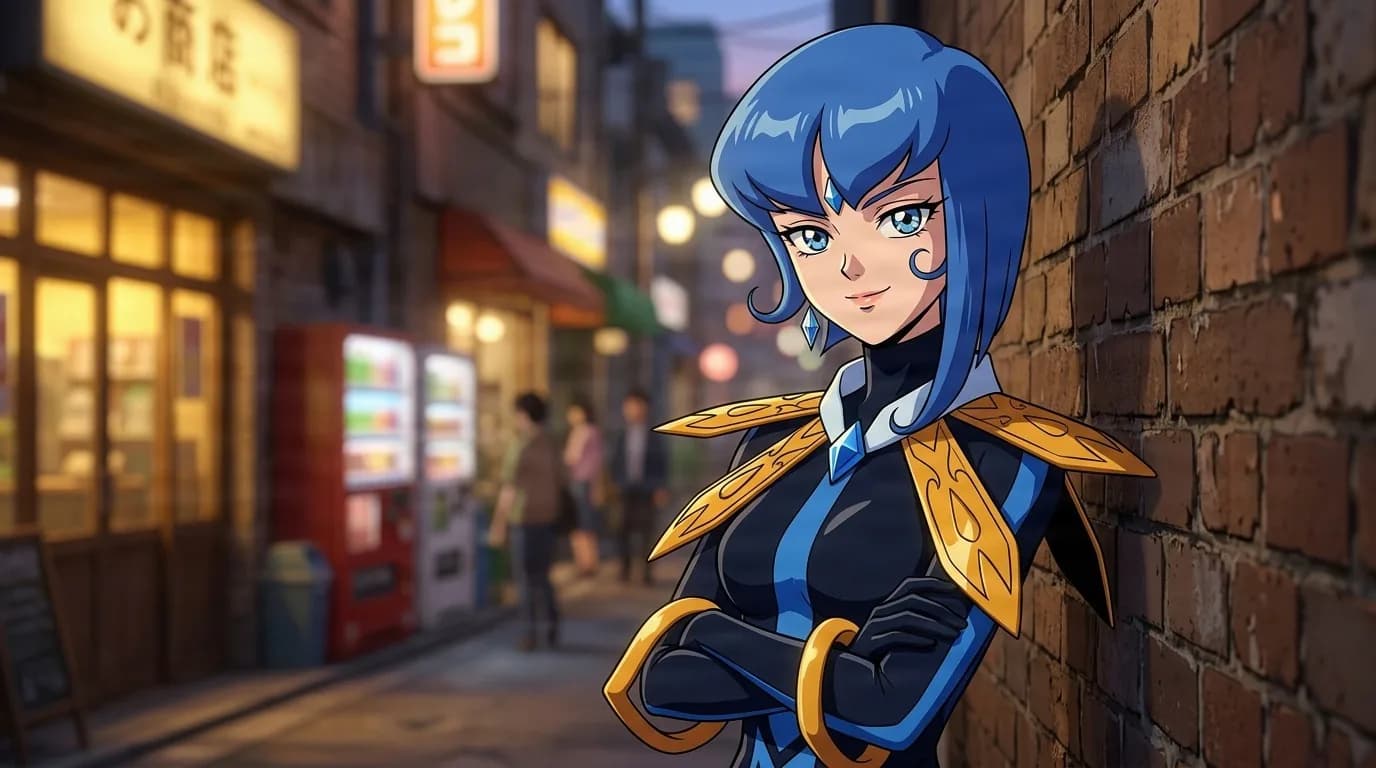 Nabu leaning on a brick wall in an evening street with arms crossed, blue bobbed hair, a forehead gem and a black bodysuit with gold shoulder plates