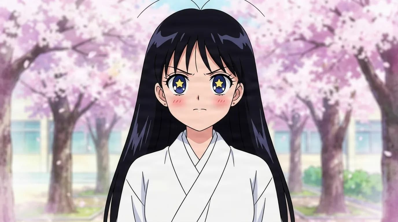 Nanako Baba, a young girl with long black hair and star-shaped sparkling eyes, wearing a white kimono and frowning beneath blooming cherry trees.