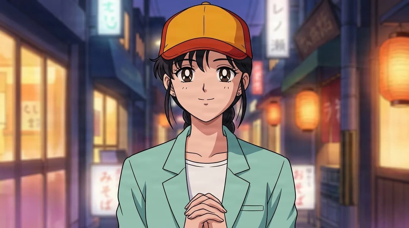 Natsumi Ichinose standing in a lantern lit street with hands clasped, dark hair under an orange and red cap and a mint green blazer