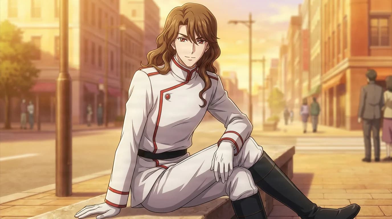 Nephrite, a long brown-haired man in a white red-trimmed uniform, sits on a ledge along a sunlit city street.