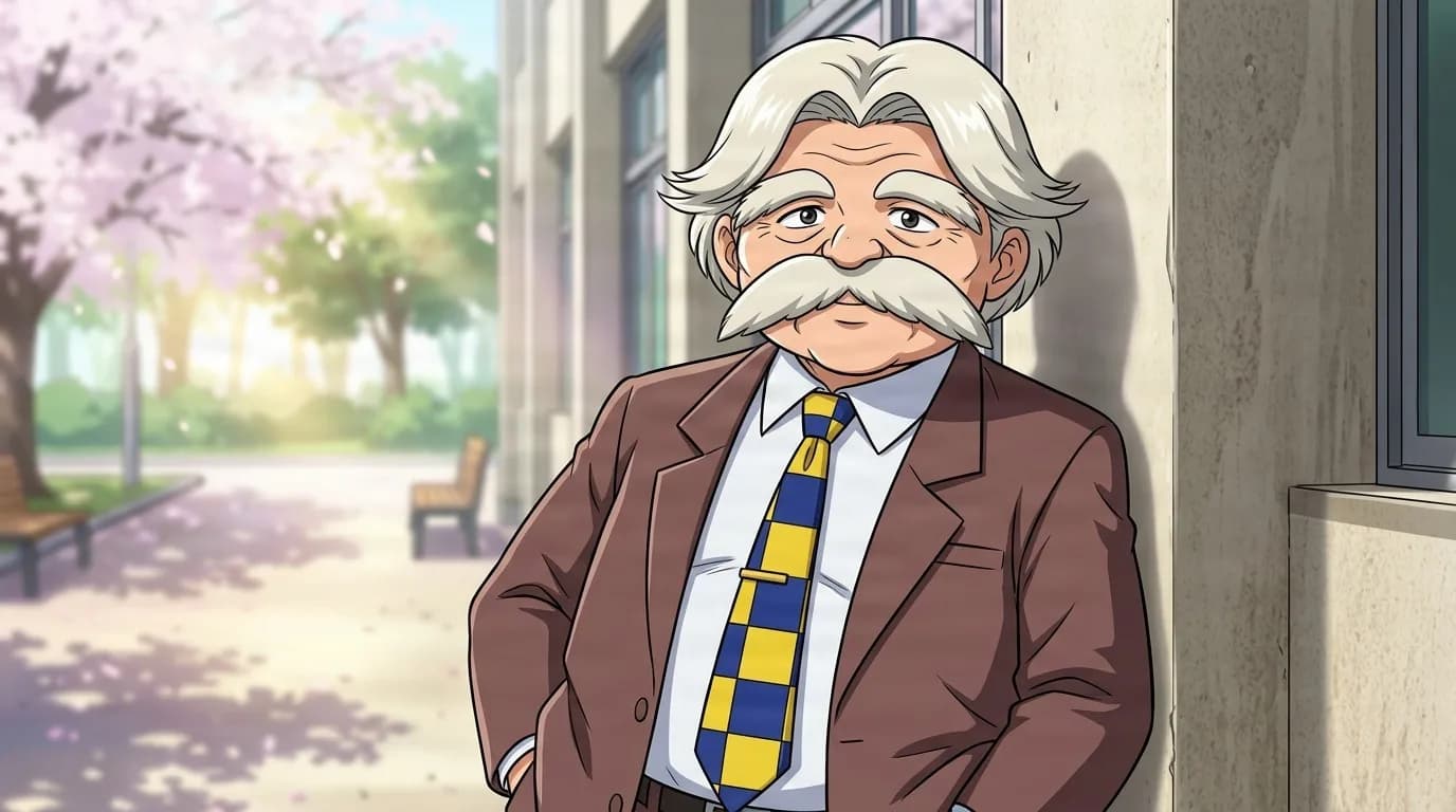 Old Chess Man leaning against a wall by cherry blossom trees, white hair, a bushy moustache, brown jacket and a blue and yellow checkered tie