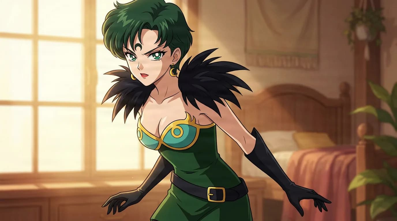 Petz with short dark green hair, in a green strapless dress with a black feathered collar and gloves in a bedroom.