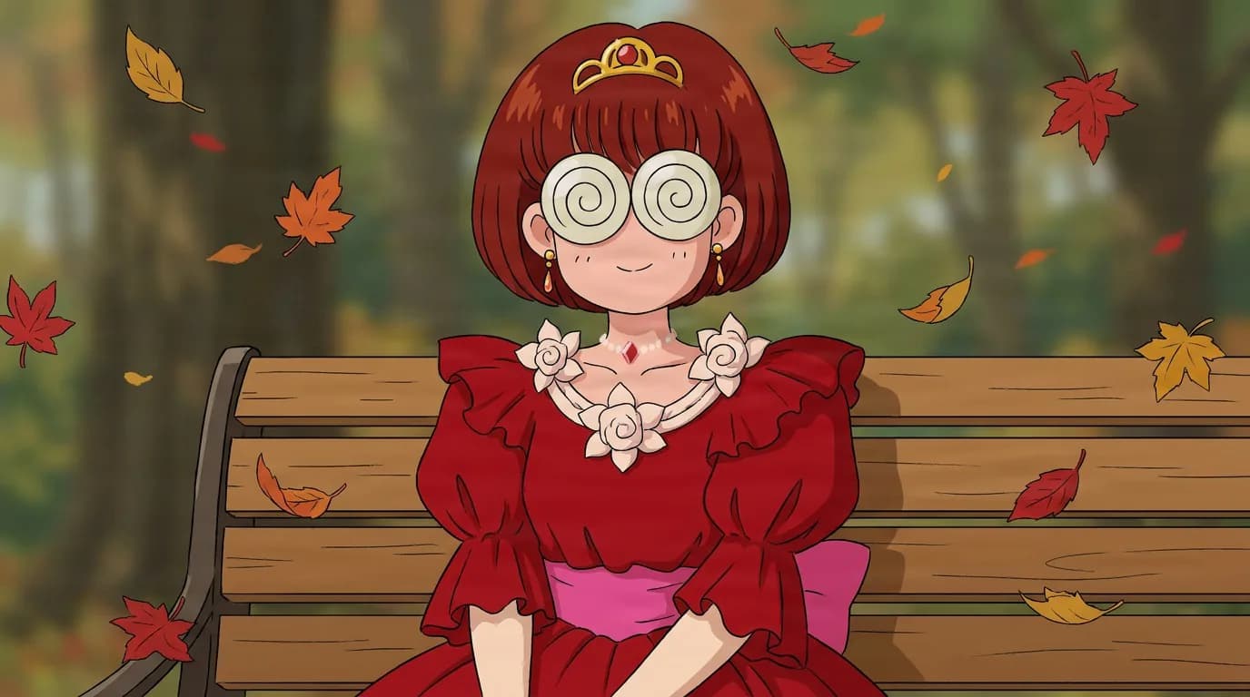 Princess D, a red-haired girl with a tiara and swirl-spiral glasses in a red ballgown, sits on a park bench amid autumn leaves.