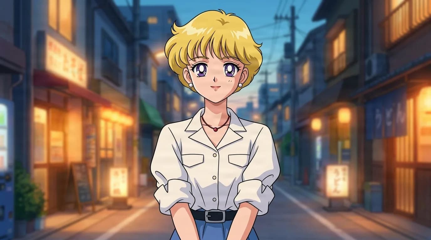Princess Rubina standing on an evening street, short blonde hair, violet eyes, a white blouse with rolled sleeves and a red bead necklace