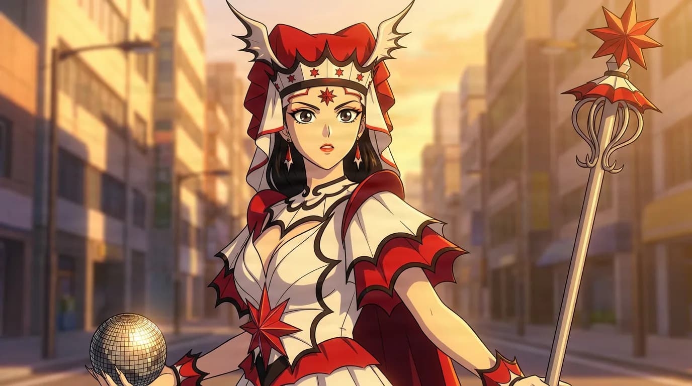 Queen Badiane with dark hair in a red-and-white star headdress, holding a disco ball and a star-topped staff on a city street.