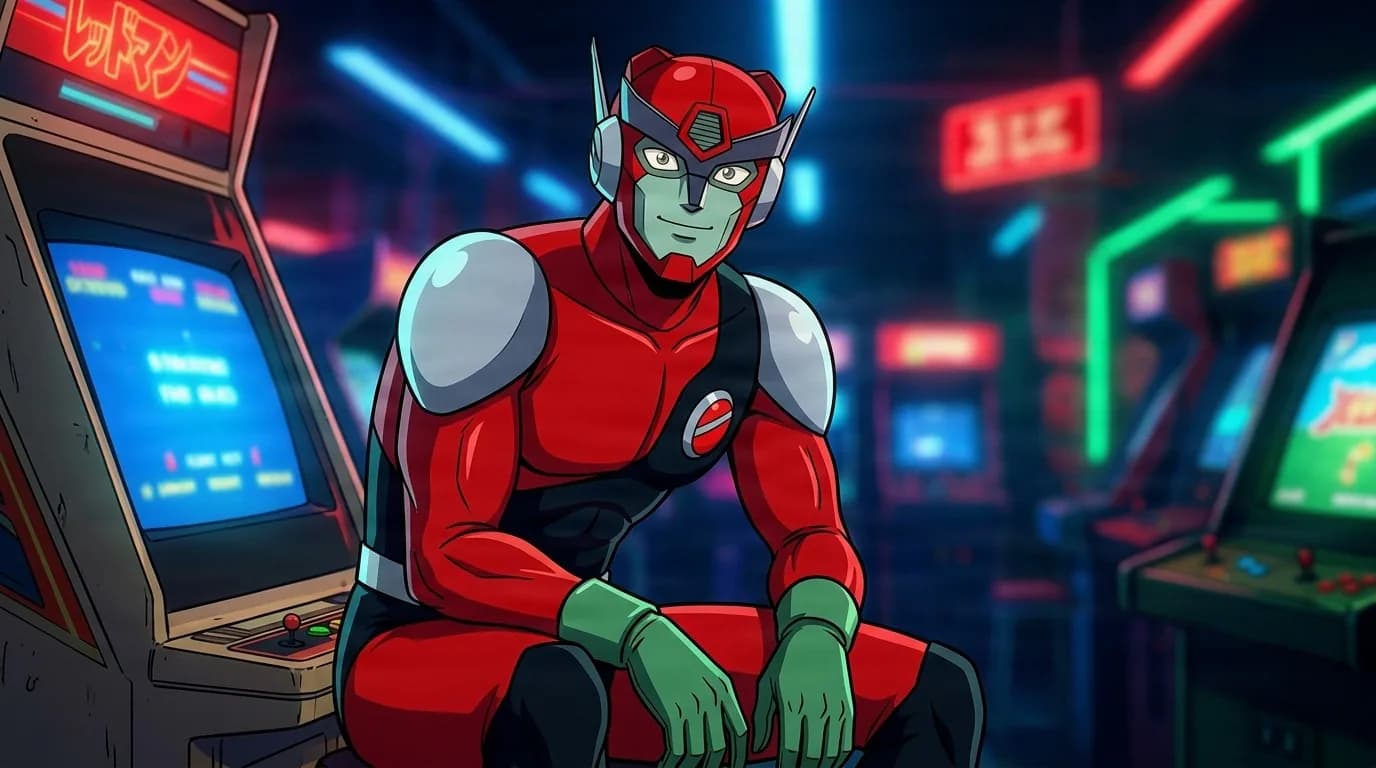 Redman, a green-skinned hero in a red and grey armored suit with a horned red helmet and green gloves, crouching among glowing arcade cabinets.