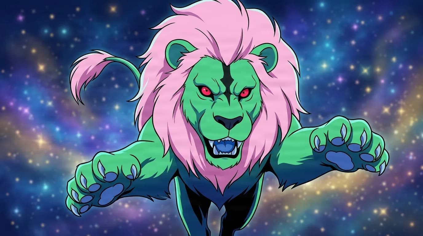 Regulus, a green-furred cosmic lion with a pink mane and red eyes, roaring with claws extended against a starry void