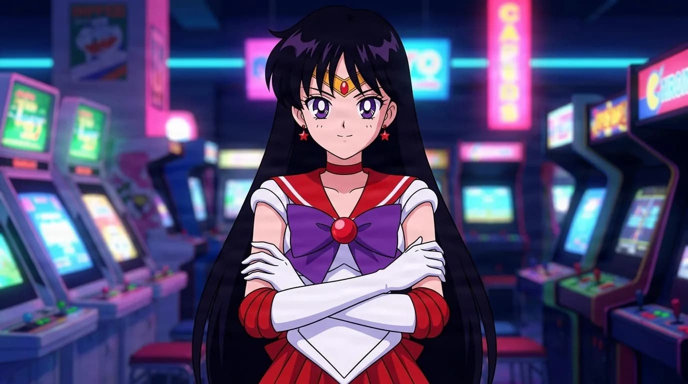 Sailor Mars, with long black hair and a red sailor uniform with a purple bow, stands arms crossed in a neon-lit retro arcade.