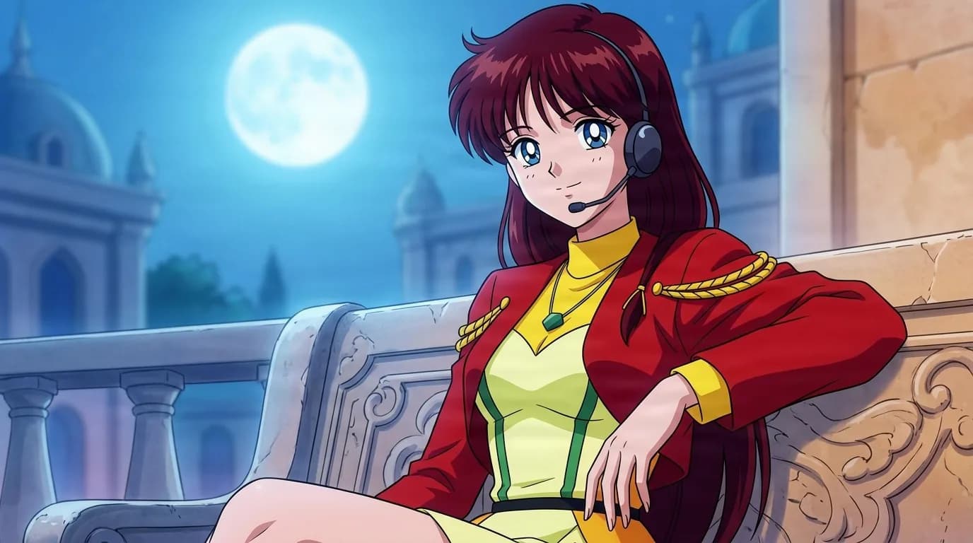 Reiko Kanagawa seated on a stone bench under a full moon, long dark red hair, a headset microphone and a red jacket with gold cord over a yellow dress