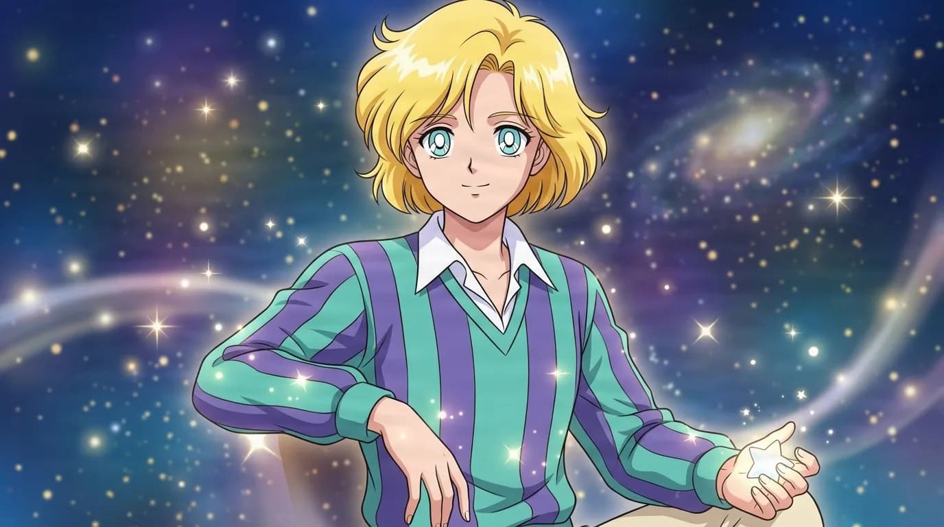 Robert holding a glowing star against a galaxy backdrop, blond hair, teal eyes and a purple and green striped rugby shirt