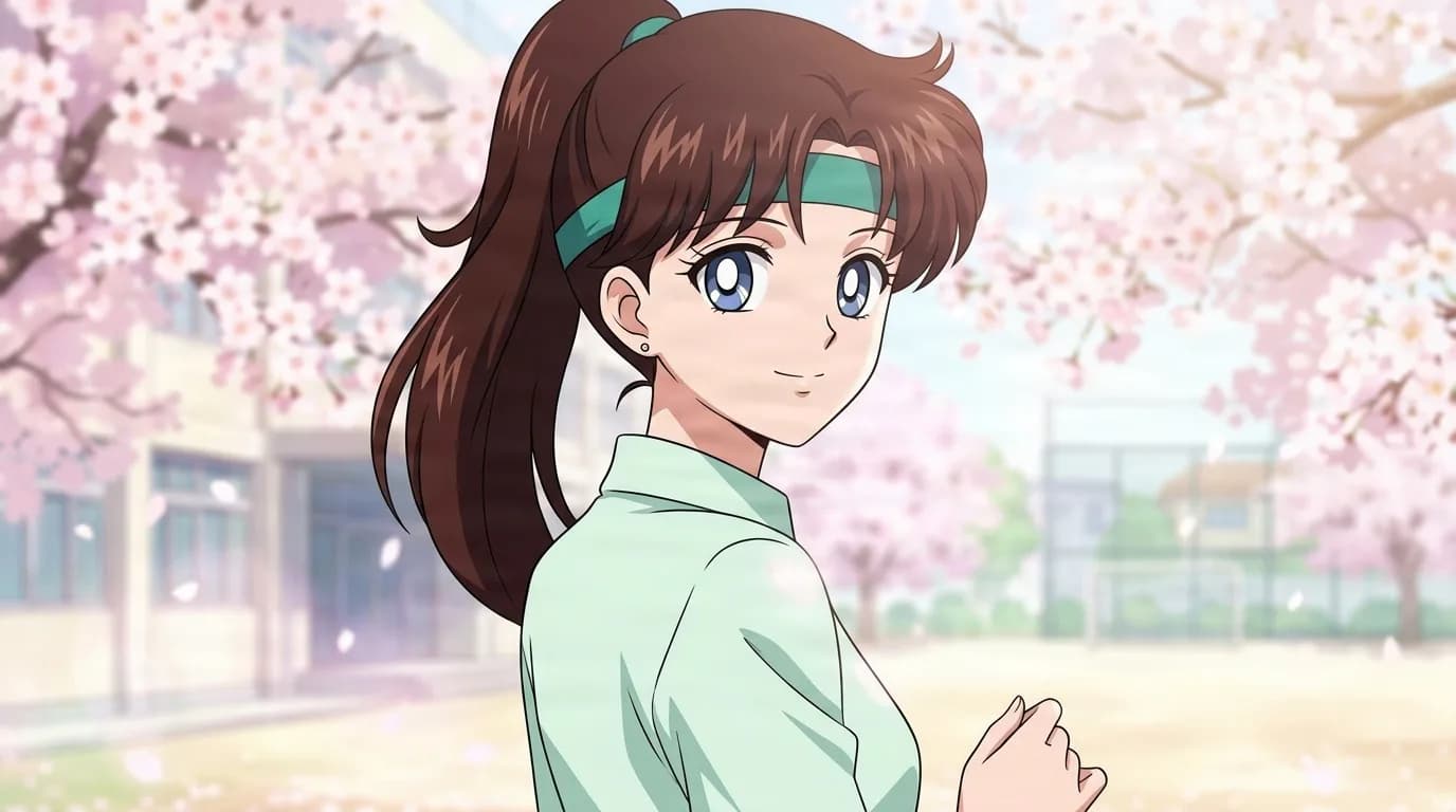 Rui Saionji, a girl with a brown ponytail and green headband, smiling over her shoulder in a green collared shirt beneath cherry blossoms.