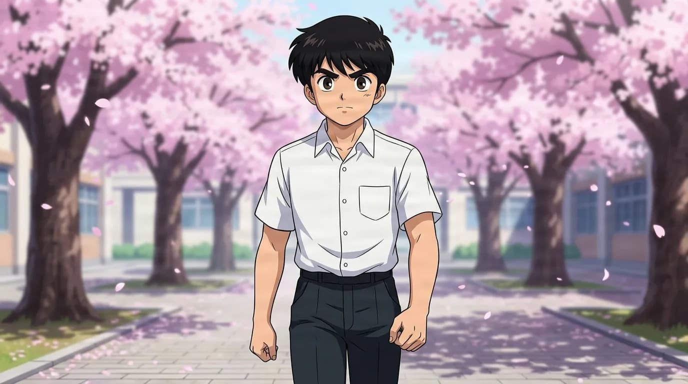 Ryo Urawa walking through a school courtyard under blooming cherry blossoms, serious expression, white short sleeved shirt and dark trousers.