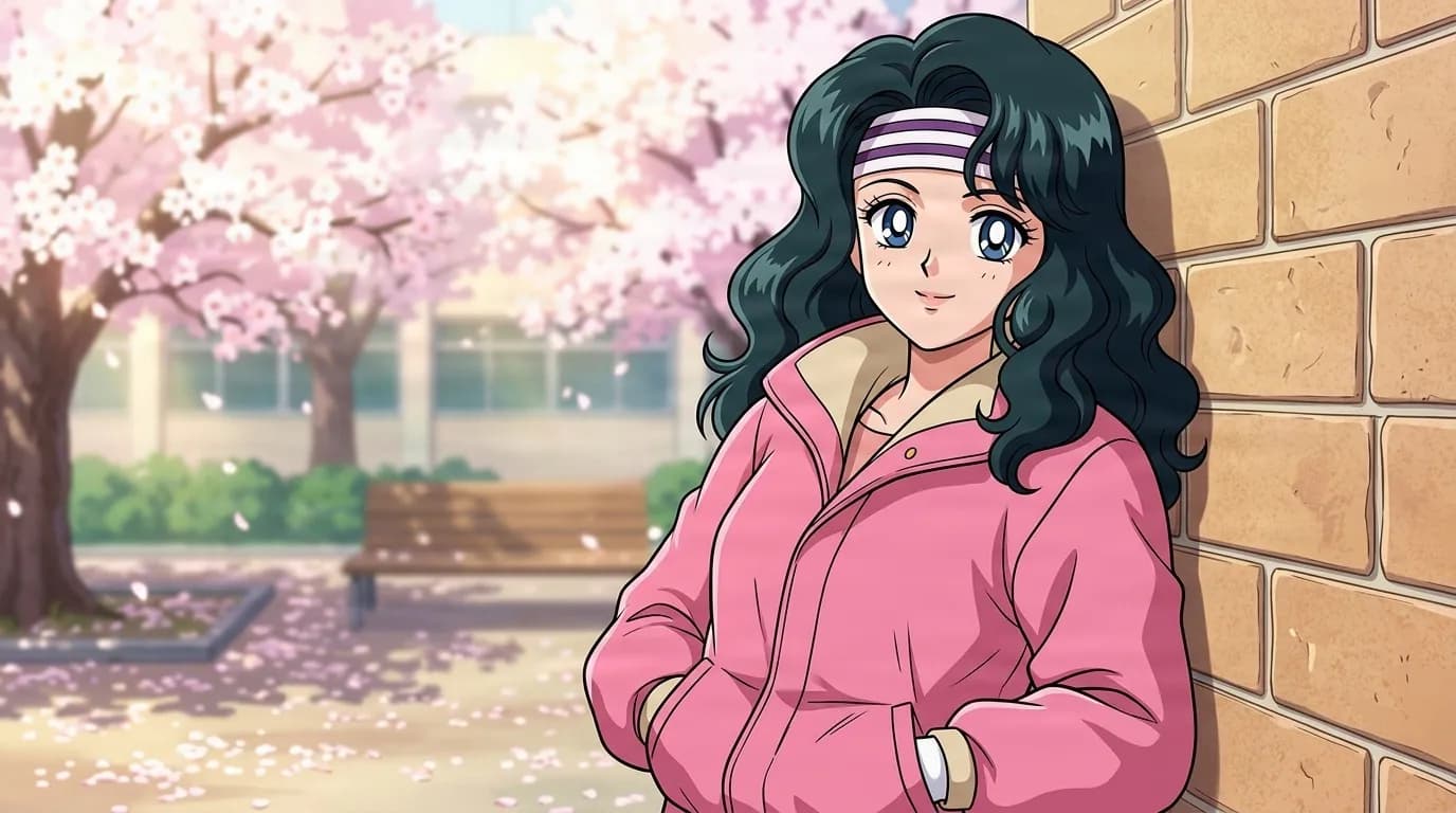 Saeko Yamamoto leaning on a brick wall under cherry blossoms, long wavy dark hair, a striped headband and a pink puffer jacket