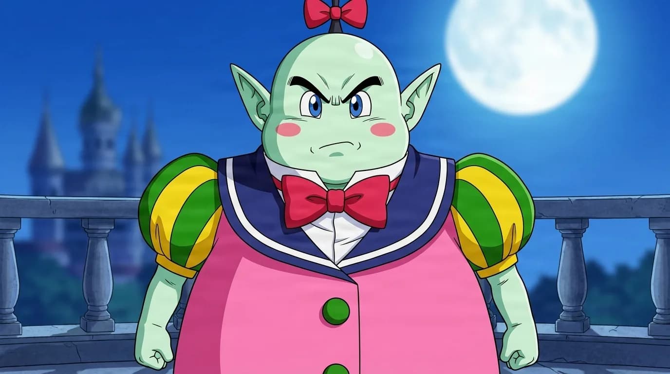 Sailor Amuse scowling on a moonlit balcony, a short green skinned youma with a red hair bow, a pink sailor jacket and striped puff sleeves