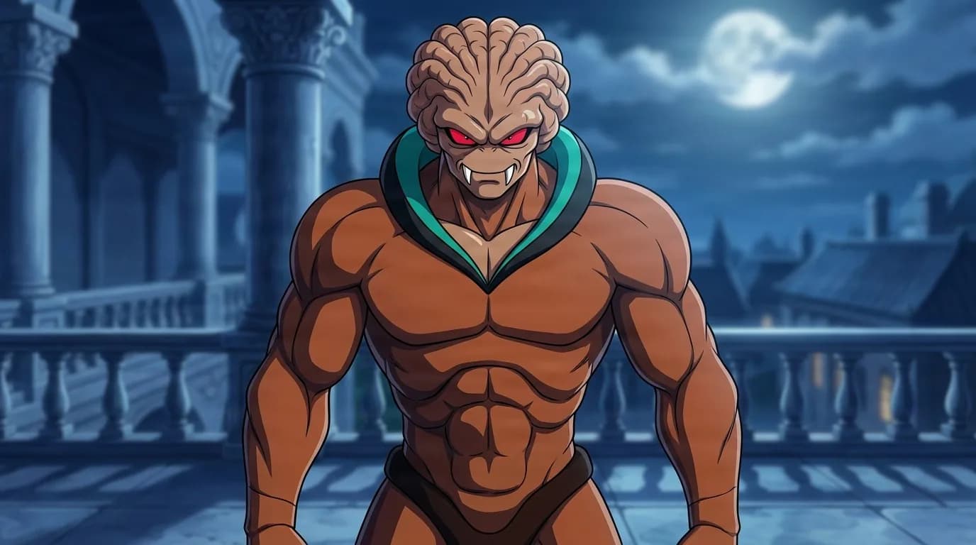 Sailor Artist standing on a moonlit stone terrace, a muscular brown monster with a ridged brainlike head, red eyes, fangs and a teal collar