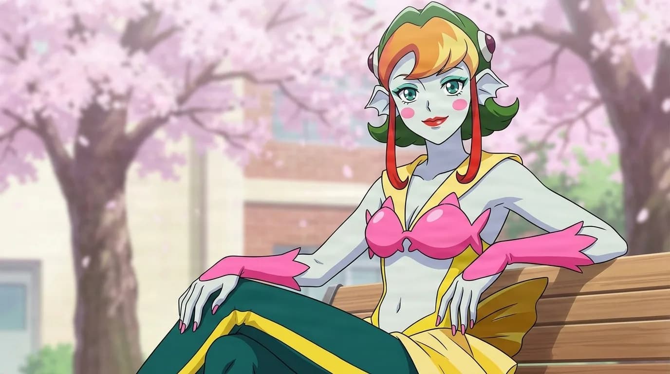 Sailor Buri, a pale mermaid-like woman with green and orange hair and pink fin-shaped gloves, reclining on a bench beneath cherry blossoms