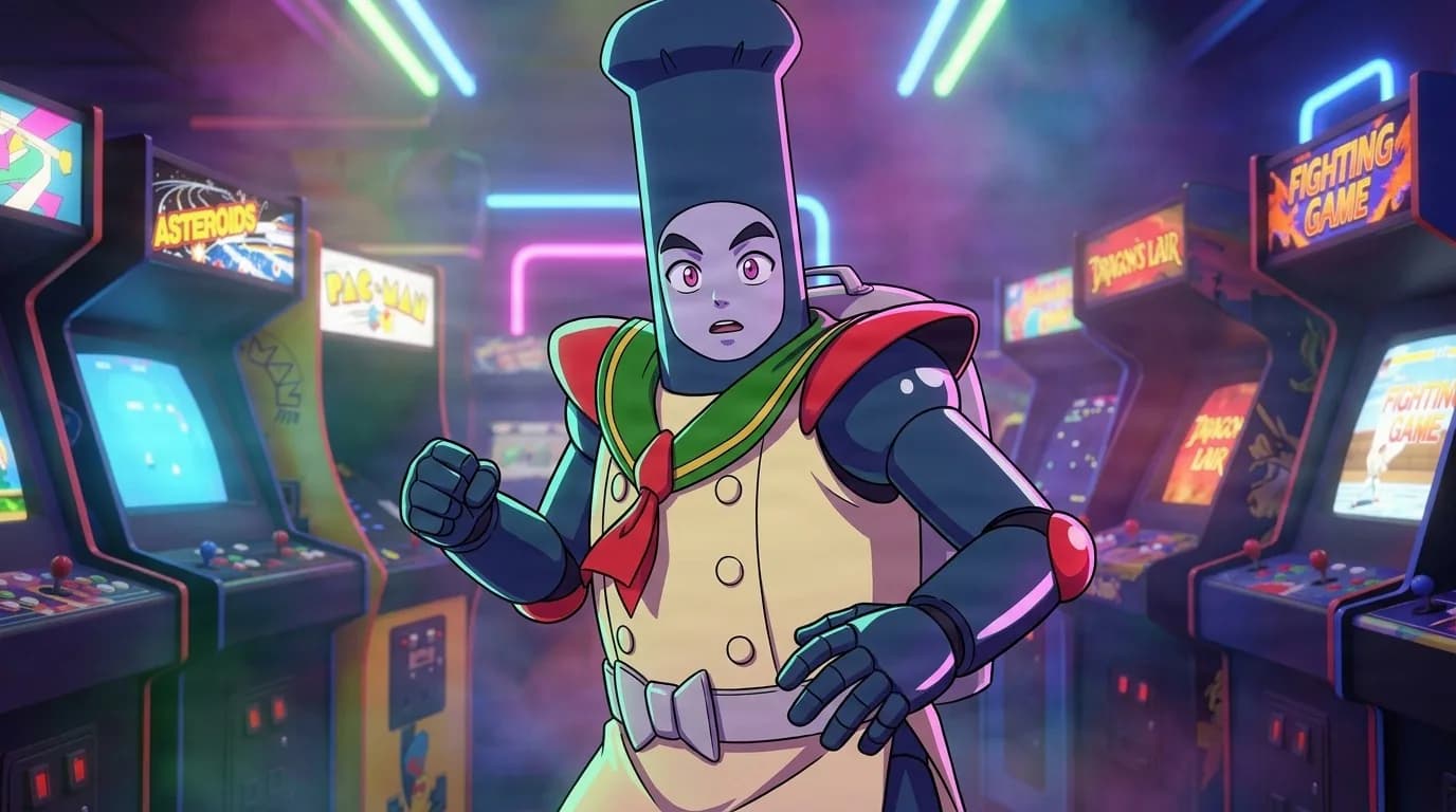 Sailor Chef raising her fists in an arcade, a tall grey toque over a pale face, a cream chef jacket with a red neckerchief and dark armored arms