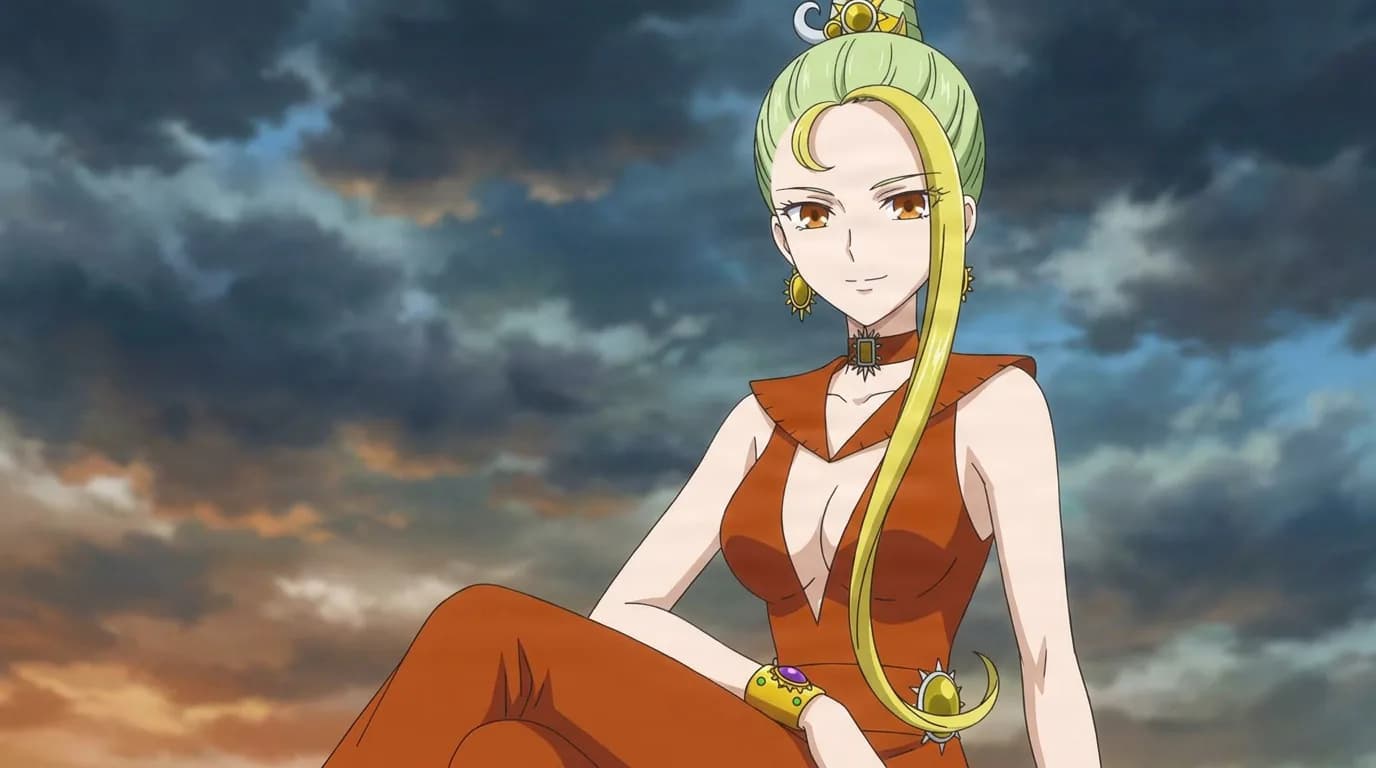 Sailor Chi, a green-haired woman with a long blonde forelock in a red-orange dress, sits smiling against a cloudy dusk sky.