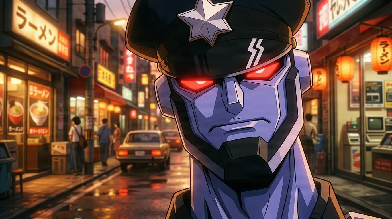 Sailor Cop glaring on a rainy neon street, an armored figure with a purple metal face, glowing red eyes and a black police cap with a silver star